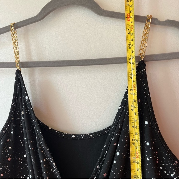 Black Sparkle Bodycon Midi Dress L Faux Wrap Gold Chain Straps, NYE Holiday Glam - Picture 5 of 10